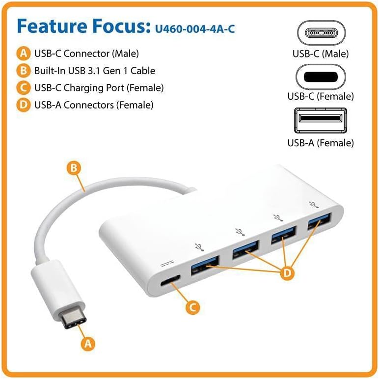 4-Port USB 3.1 Gen 1 USB-C to USB-A Portable Hub with x4 USB-A & USB-C Charging Port 5 Gbps (U460-004-4A-C)